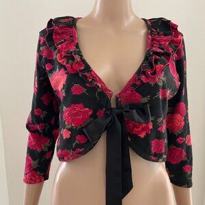 Effie's Heart Top Women’s Size XS/S Red Floral Ruffle Neckline 3/4 Sleeve